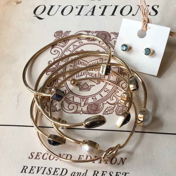 6 Jeweled Bracelets Cuff Bangles 1 Pair Pierced Earrings Gold Tone Bundle NWOT - Picture 1 of 7